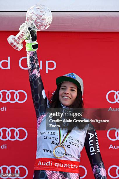 Tina Weirather of Liechtenstein wins the globe in the women super G standing during the Audi FIS Alpine Ski World Cup Finals Men's and Women's Super...