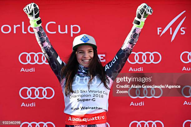 Tina Weirather of Liechtenstein wins the globe in the women super G standing during the Audi FIS Alpine Ski World Cup Finals Men's and Women's Super...