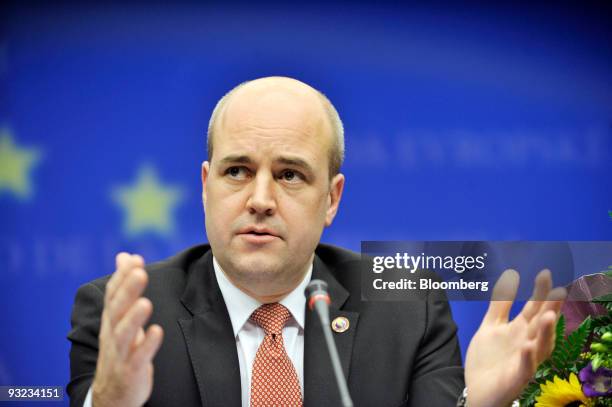 Fredrik Reinfeldt, Sweden's prime minister and standing president of the European Council, speaks during the press conference following the European...