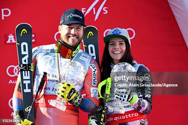 Kjetil Jansrud of Norway wins the globe in the men super G standing, Tina Weirather of Liechtenstein wins the globe in the women super G standing...