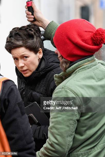Actress Caitriona Balfe from the TV series Outlander arrives at a filming location at St Andrew's Square on March 15, 2018 in Glasgow, Scotland....