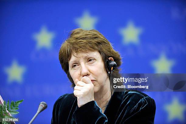 Catherine Ashton, Europe's new foreign minister, listens during the press conference following the European Union Summit at the EU headquarters in...