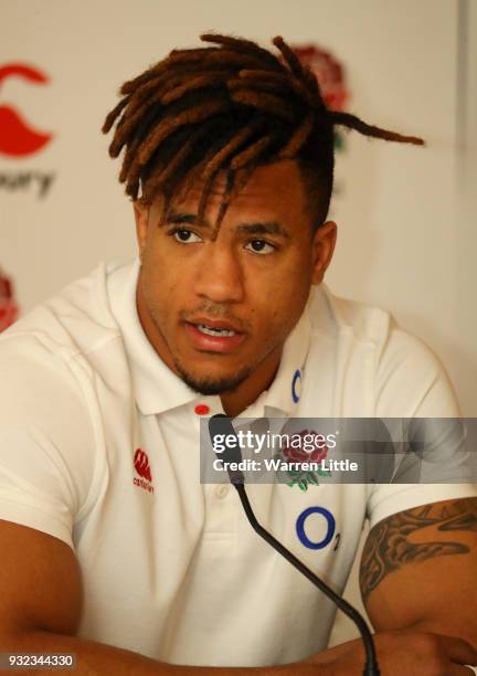 England rugby union player Anthony Watson speaks to the media during a press conference at Pennyhill Park on March 15, 2018 in Bagshot, England.