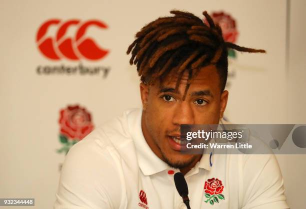 England rugby union player Anthony Watson speaks to the media during a press conference at Pennyhill Park on March 15, 2018 in Bagshot, England.