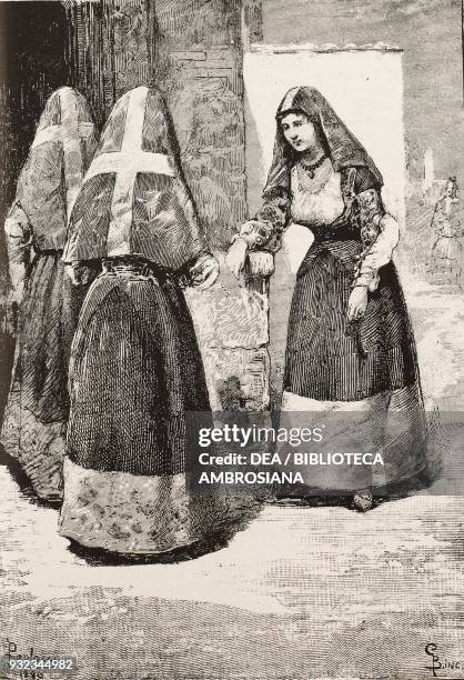 Ploaghe women wearing traditional clothes, Sardinia, Italy, drawing by Dante Paolocci, engraving from L'Illustrazione Italiana, No 33, August 15,...