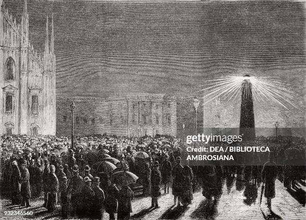Experiments on electric lighting in Piazza del Duomo in Milan on the evening of 18 March Italy, drawing by Michetti, engraving from L'Illustrazione...