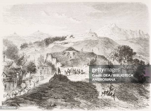 The village and fortress of Puke, Albania, insurgency of the Miriditi, drawing by Nicola Lazzaro, engraving from L'Illustrazione Italiana, No 12,...
