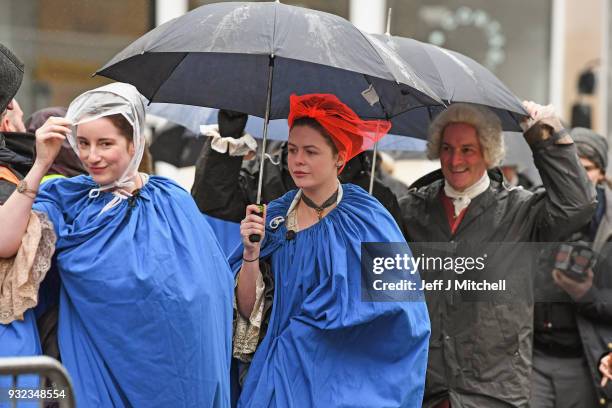 Cast and crew from the TV series Outlander arrive at a filming location at St Andrew's Square on March 15, 2018 in Glasgow, Scotland. Dozens of fans...