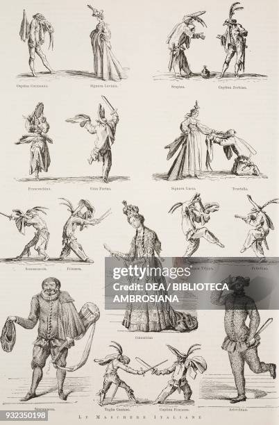 Masks of the Italian commedia dell'arte, engraving from L'Illustrazione Italiana, No 8, February 25, 1877.