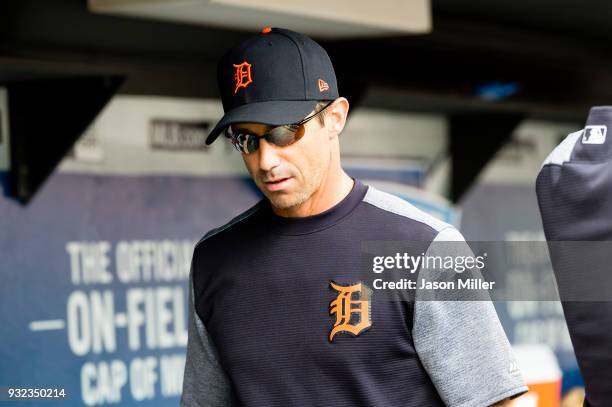 Manager Brad Ausmus of the Detroit Tigers leaves the game after being ejected during the third inning against the Cleveland Indians at Progressive...