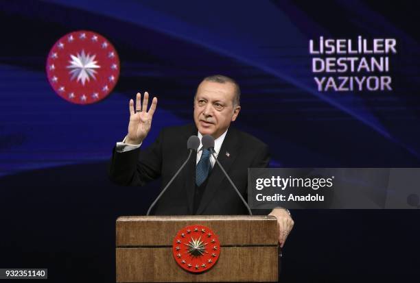 President of Turkey Recep Tayyip Erdogan delivers a speech during the awards ceremony for high-school students' Poet and Essay Contest at Bestepe...