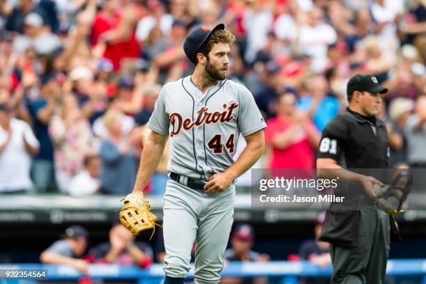 Relief pitcher Daniel Norris of the Detroit Tigers reacts after Roberto Perez of the Cleveland Indians homers during the seventh inning at...