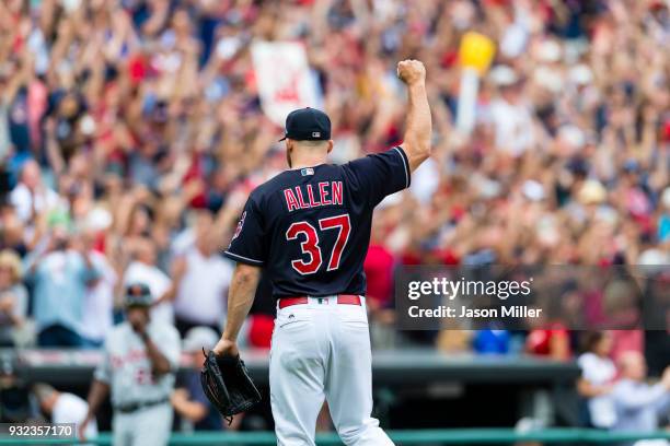 Closing pitcher Cody Allen of the Cleveland Indians celebrates after the last out to defeat the Detroit Tigers at Progressive Field on September 13,...