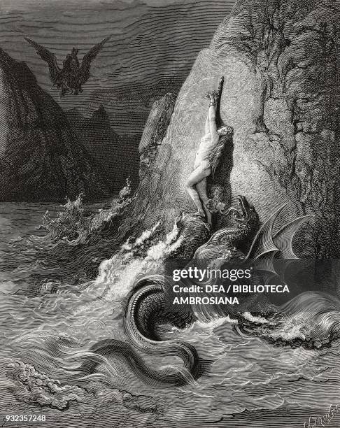 Angelica tied to a rock and attacked by a sea monster, from Orlando furioso, Canto X, engraving by Gustave Dore', from L'Illustrazione Italiana, No...