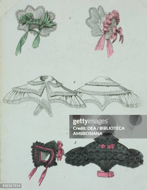 Bonnet adorned with green and pink ribbons, 2 Embroidered cotton ruffle collars, 3 Bonnet and blacks blouse adorned with pink bows, plate 12, French...