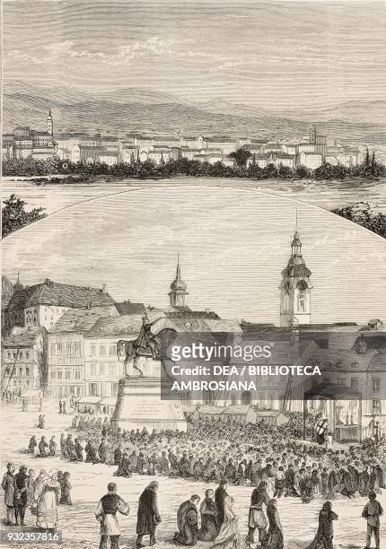 View of Zagreb , mass in Jelacic Square on November 13, after the earthquake on 9 November Croatia, engraving from L'Illustrazione Italiana, No 50,...