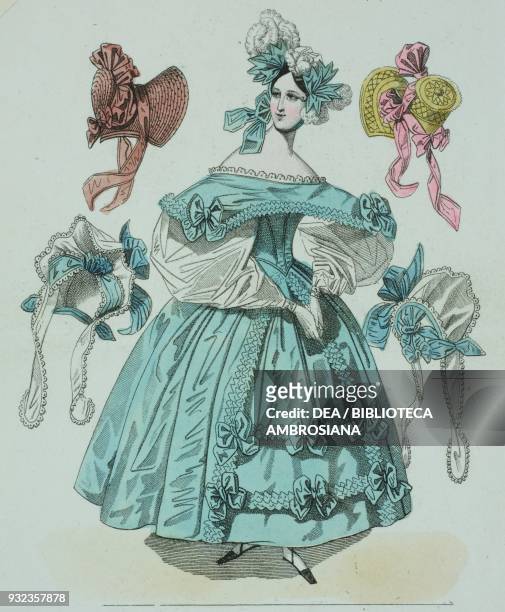 Woman wearing a blue dress decorated with bows, white-puffed sleeves and coloured ribbons and white feathers in her hair, and four styles of bonnet...