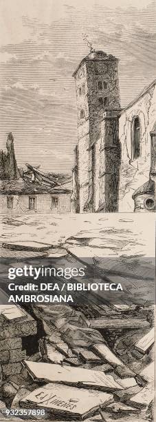 The tower of the cathedral and the Wisner crypt in the cathedral, after the earthquake on 9 November in Zagreb, Croatia, engraving from...