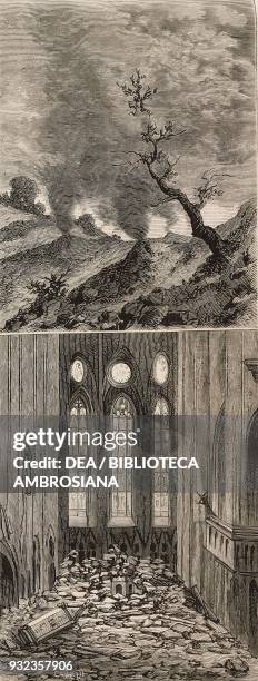 Mud volcanoes in Rosnick and interior of the cathedral, after the earthquake on 9 November in Zagreb, Croatia, engraving from L'Illustrazione...