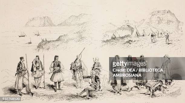 Views of Ulcinj and Montenegrin military camp , Albanian soldiers and women , engraving from L'Illustrazione Italiana, No 51, December 19, 1880.