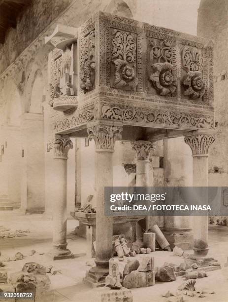 Carved marble ambo, Abbey of St Clement in Casauria, Abruzzo, Italy, photograph from Istituto Italiano d'Arti Grafiche, Bergamo, 1905-1910.