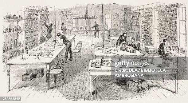 Interior of Thomas Edison's light bulb laboratory, Menlo Park, United States of America, engraving from L'Illustrazione Italiana, No 4, January 25,...