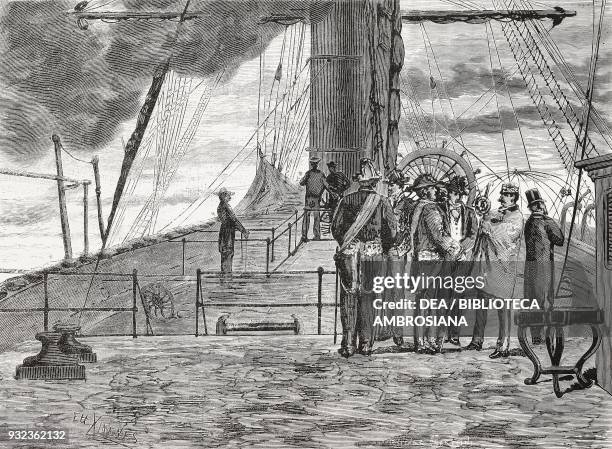 Deck of the battleship Roma, sunrise in front of Palermo, sovereign's journey in Sicily, Italy, drawing by Ettore Ximenes, engraving from...