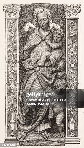 Charity, allegory of the virtues, glazed terracotta bas-relief by Giovanni Della Robbia, Ospedale del Ceppo, Pistoia, Italy, engraving from...