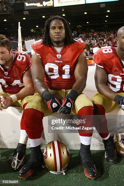 Ray McDonald of the San Francisco 49ers on the bench during the NFL game against the Chicago Bears at Candlestick Park on November 12, 2009 in San...