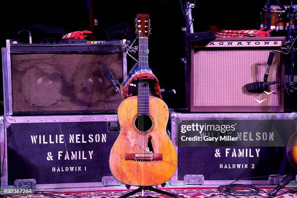 Detail view of Willie Nelson's Martin guitar "Trigger" during the Luck Welcome dinner benefitting Farm Aid on March 14, 2018 in Spicewood, Texas.