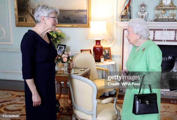 Queen Elizabeth II receives the Lieutenant Governor of Prince Edward Island Antoinette Perry during a private audience at Buckingham Palace on March...