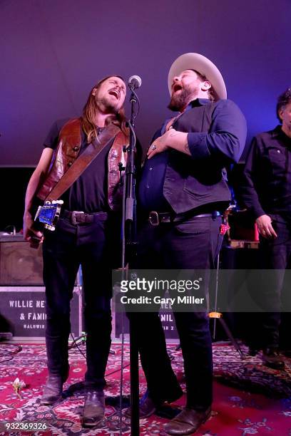 Lukas Nelson and Nathaniel Rateliff perform in concert during the Luck Welcome dinner benefitting Farm Aid on March 14, 2018 in Spicewood, Texas.