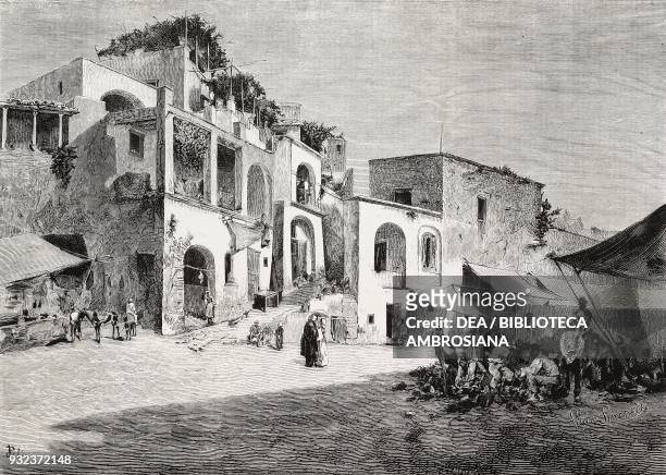 Piazza dei Bagni in Casamicciola Terme before the earthquake on 4 March 1881, Isola d'Ischia, Italy, drawing by Dante Paolocci, engraving from...