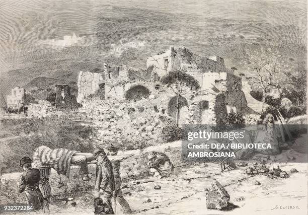 Ruins in Casamicciola Terme after the earthquake of 4 March 1881, recovering the bodies, Ischia island, Italy, drawing by Giuseppe Cosenza, engraving...