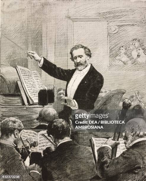 Giuseppe Verdi conducting the orchestra at the Opera in Paris during a performance of Aida, France, engraving from L'Illustrazione Italiana, No 15,...
