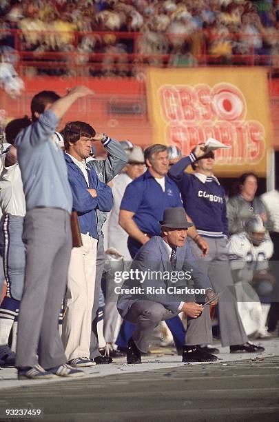 Super Bowl X: Dallas Cowboys coach Tom Landry with assistant coach Dan Reeves on sidelines during game vs Pittsburgh Steelers. Miami, FL 1/18/1976...