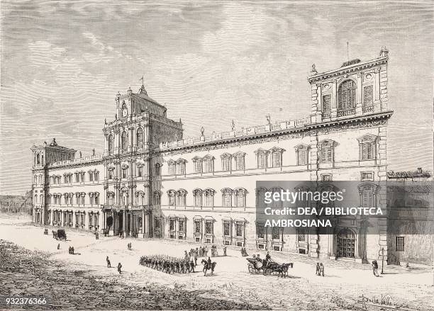 Facade of the Ducal palace, now headquarters of the Italian Military Academy, Modena, Italy, drawing by Alberto Della Valle, engraving from...