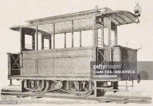 Wagon of the Lichterfelde electric railway, the electric motor is located between the wheels, Berlin, Germany, engraving from L'Illustrazione...