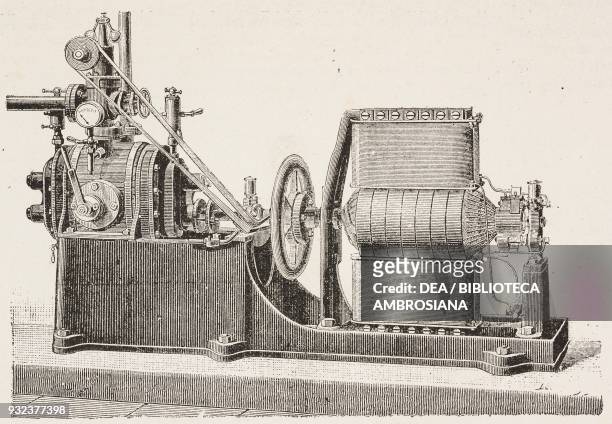 Fixed steam engine coupled with a Siemens dynamo-electric machine, used to power the Lichterfelde electric railway, Berlin, Germany, engraving from...