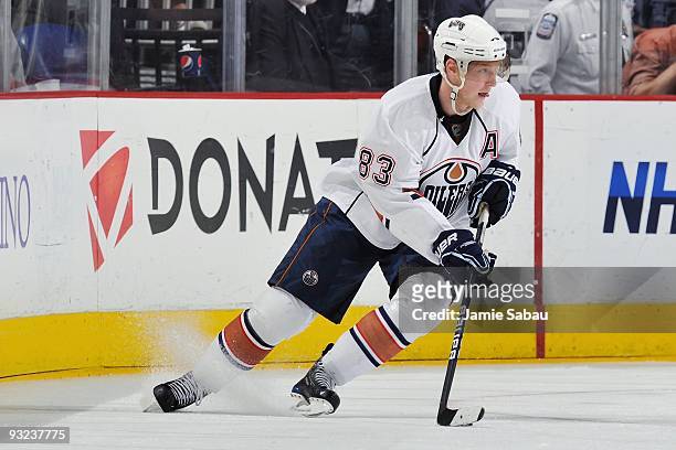 Forward Ales Hemsky of the Edmonton Oilers skates with the puck against the Columbus Blue Jackets on November 16, 2009 at Nationwide Arena in...