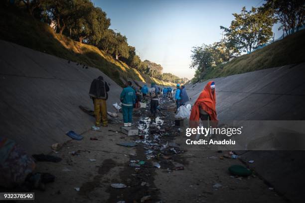 View of a site in a sewer where homeless people live in Bogota, Colombia on March 14, 2018. People without roof involves regular heartbreaking scenes...