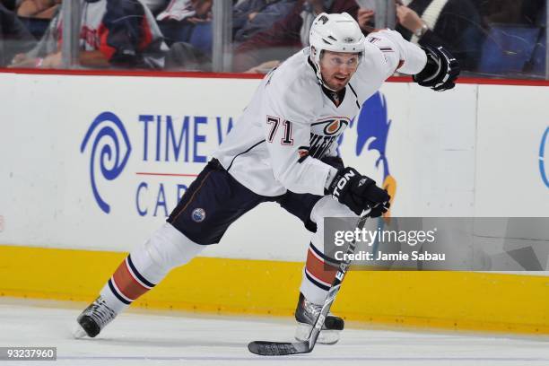 Defenseman Lubomir Visnovsky of the Edmonton Oilers skates against the Columbus Blue Jackets on November 16, 2009 at Nationwide Arena in Columbus,...