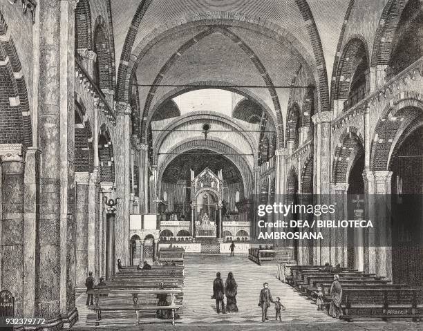 Interior of the Church of Sant'Ambrogio, Milan, Italy, drawing by Feuli, engraving from L'Illustrazione Italiana, No 32, August 7, 1881.