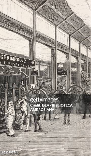 Machinery hall at the National Exhibition in Milan, Italy, drawing by Alberto Della Valle, engraving from L'Illustrazione Italiana, No 32, August 7,...