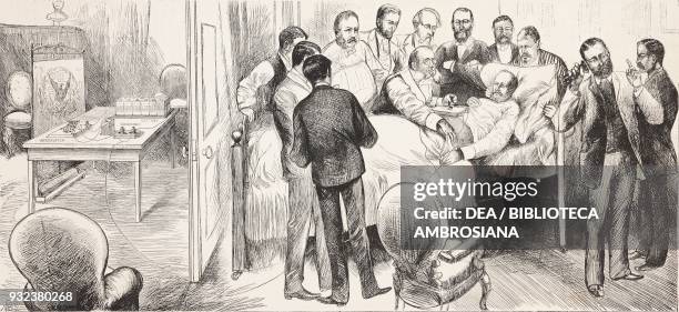 President James Abram Garfield in hospital after the assassination attempt on July 2 Alexander Graham Bell using his induction balance and telephone...