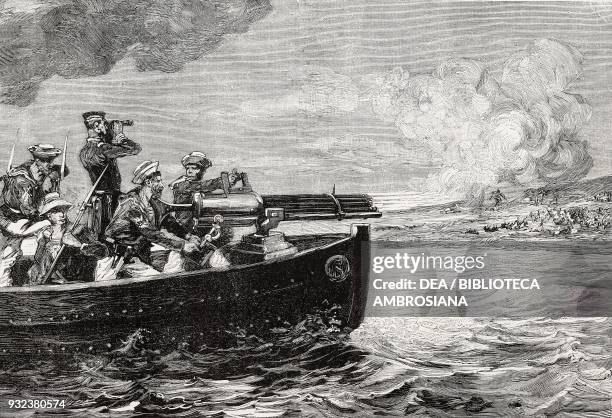 Hotchkiss revolving cannon mounted on a steamboat during the French attack on Sfax, Tunisia, engraving from L'Illustrazione Italiana, No 38,...