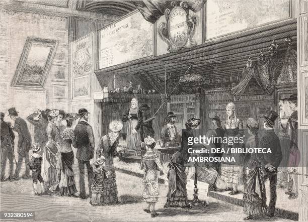 The French room, traditional costumes, geographic exhibition in Venice, Italy, drawing by Dal Don, engraving from L'Illustrazione Italiana, No 39,...