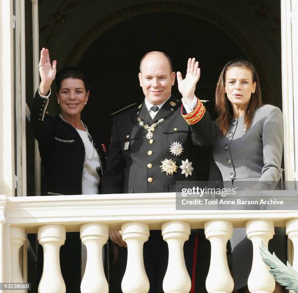 Princess Caroline of Hanover, HSH Prince Albert II of Monaco and Princess Stephanie of Monaco at the Palace after the Mass on November 19, 2009 in...