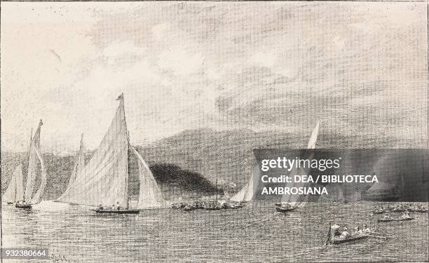 Sailboats, regatta on Lake Como, Italy, drawing by Quintilio Michetti, engraving from L'Illustrazione Italiana, No 39, September 25, 1881.