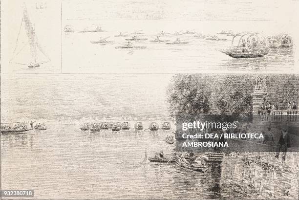 Regattas on Lake Como: Lei, the boat which won the first prize; the scull race; the inter-towns' race on the lake; Italy, drawing by Quintilio...